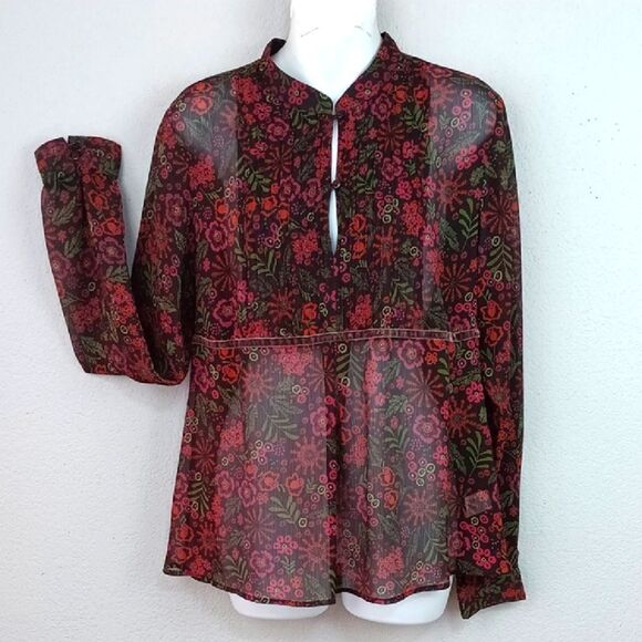 Apt 9 sheer floral long-sleeve velvet trim boho top sz L - Picture 1 of 13